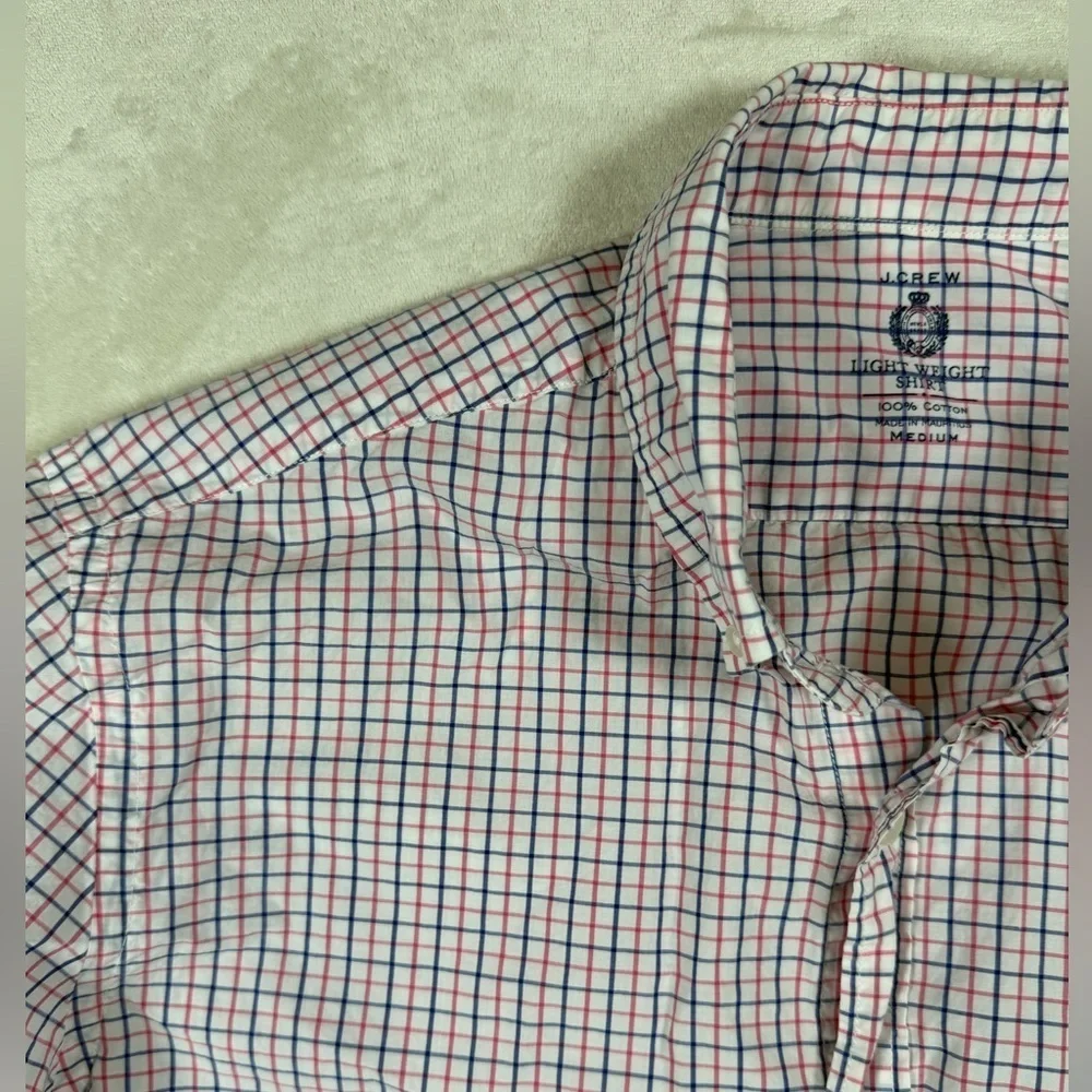 J. Crew Men's Medium Light Weight Pink and Blue Plaid Button Down Shirt